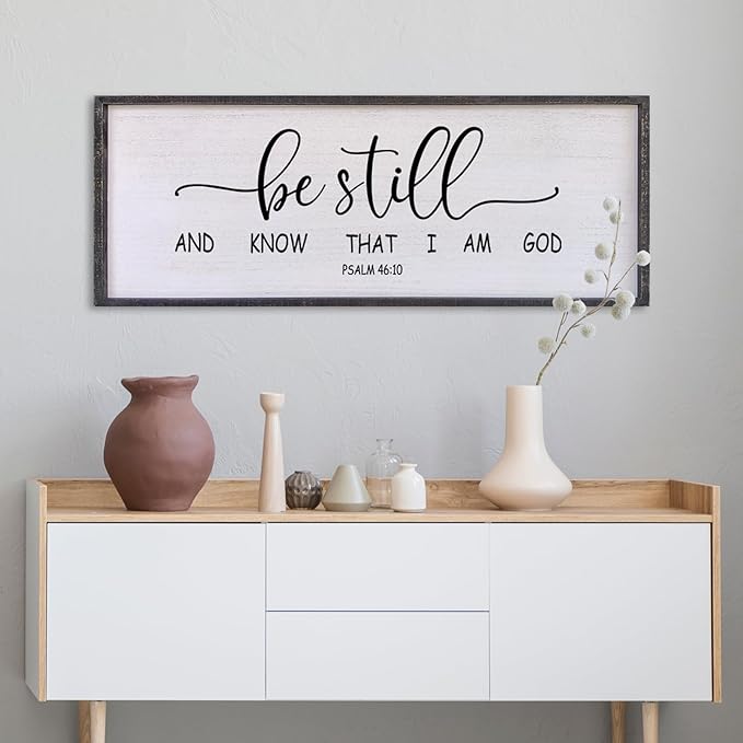 Surfapans Be Still and Know that I am God Wall Decor 40"x15" Large Farmhouse Family Living Room Vintage Religious Bible Verses Entryway Sign Wood Framed Scripture Hallway Hanging Wall Art (Black)