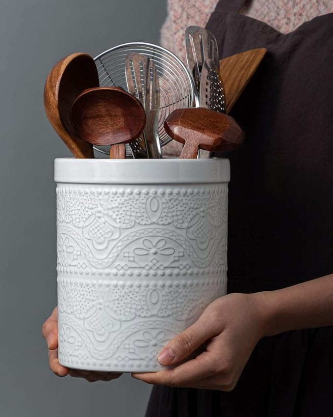 FUN ELEMENTS Kitchen Utensil Holder, 7.2" Super Large Utensil Crock Heavy and Stable Lace Emboss Ceramic Utensil Holder for Kitchen Counter (Bright White)