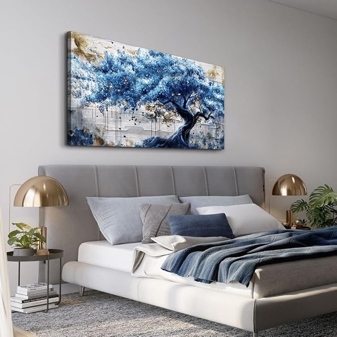 ERQINHUA Blue Tree Wall Paintings Canvas Wall Art For Living Room Large Wall Decor For Bedroom Office Decorations Farmhouse Abstract Watercolour Pictures Artwork Home Decor Ready To Hang 20"X40"