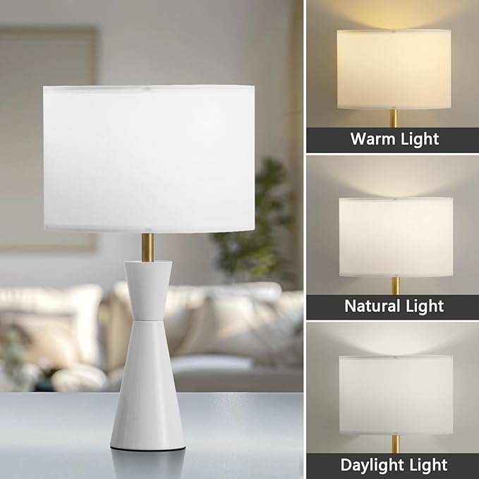 Nightstand Lamps Set of 2, 3-Color Dimmable White Bedside Lamp for Livingroom/Bedroom/Entryway and Other Rooms, Led Bulb Included