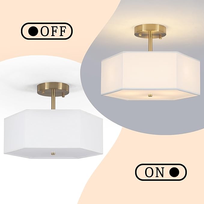 Modern Ceiling Light with White Fabric Shade 3-Light Gold Semi Mount Flush Fixture for Bedroom Dining Room Kitchen and Hallway