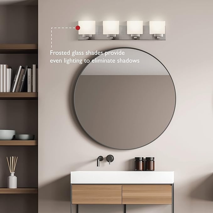 Design House 578013 Dove Creek Vanity Light Dimmable with Frosted Glass for Above Bathroom Mirror, Satin Nickel, 4-Light