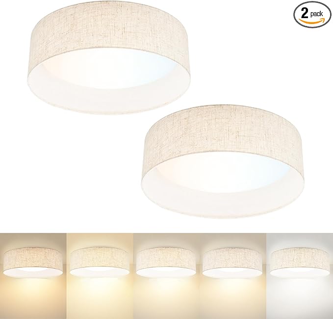 Hamilyeah 15 inch Ceiling Light Flush Mount Set of 2, LED Kitchen Lighting Fixture Ceiling Mount with Fabric Shade, 5CCT Drum Ceiling Light Fixture Overhead for Living Room, Kitchen, Bedroom, Hallway