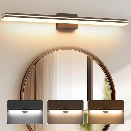 SineRise LED Modern Bathroom Vanity Light Fixtures (48-Inch, 3000K/4000K/6000K, Dimmable), Brown Wood Painted Modern Acrylic Bathroom Wall Lighting Fixtures Over Mirror