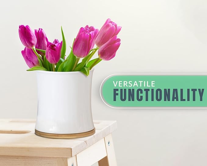 Comfify Large Ceramic Kitchen Utensil Holder with Bamboo Base - Modern Utensil Crock for Countertop Organization - Kitchen Counter Organizer for Cooking Tools, Spatulas, Spoons & More - White Ceramic