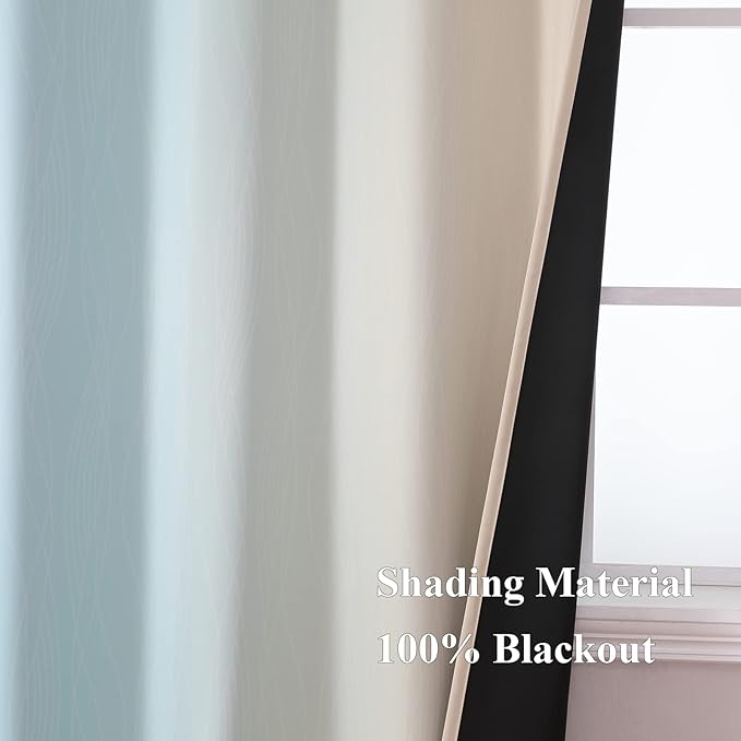 Estelar Textiler Beige and Aqua Ombre Blackout Curtains 54 Inch Length 2 Panels, Full Room Darkening Gradient Drapes for Kitchen, Thermal Insulated Grommet Short Curtains for Bedroom, 42Wx54L