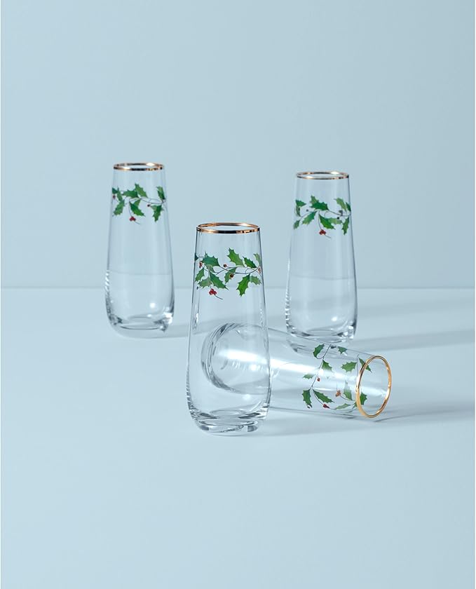 Lenox 889237 Holiday 4-Piece Stemless Flute Set, Christmas Theme
