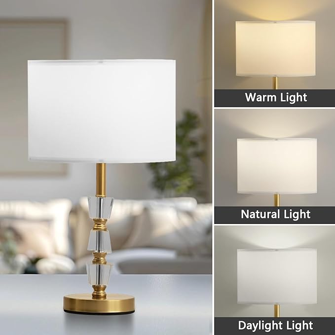 Crystal Table Lamps Set of 2, 3-Color Dimmable Gold Bedside Lamp for Living Room/Bedroom/Entryway and Other Rooms, Led Bulb Included