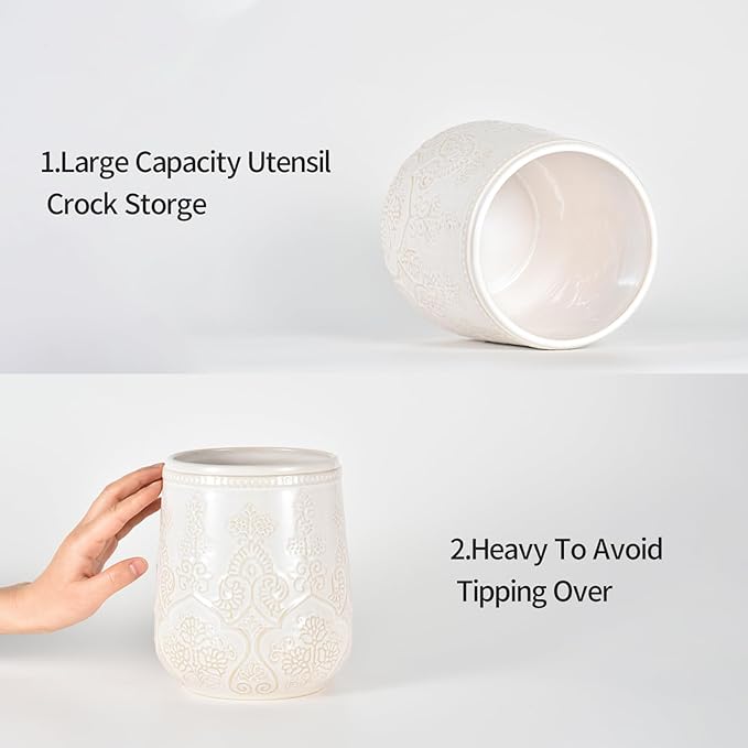 Utensil Holder, Large Kitchen Utensil Holder for Counter, 6.7”Ceramic Cooking Utensils Holder, Kitchen Decor for Counter (White)