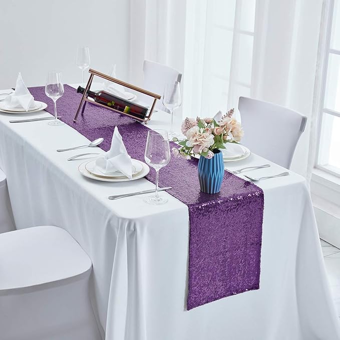 10 Packs 12 x 108 inches Purple Sequin Table Runner, Glitter Purple Table Runner for Wedding Birthday Bachelorette Holiday Party Supplies Decorations Bridal Shower Baby Shower