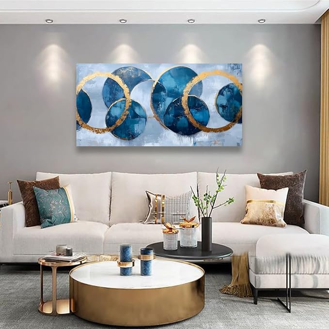 Abstract Pictures Canvas Wall Art for Living room Office Bedroom Wall Decor, Ring Wall Art Print Paintings Modern Blue Golden Abstraction Artwork Waterproof Ready to Hang-20x40inch
