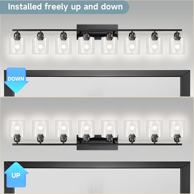 8 Light Black Bathroom Light Fixtures Over Mirror, Modern Bathroom Lighting with Clear Glass,51 inch Lights for Vanity for Oversized Mirrors, E26 Base