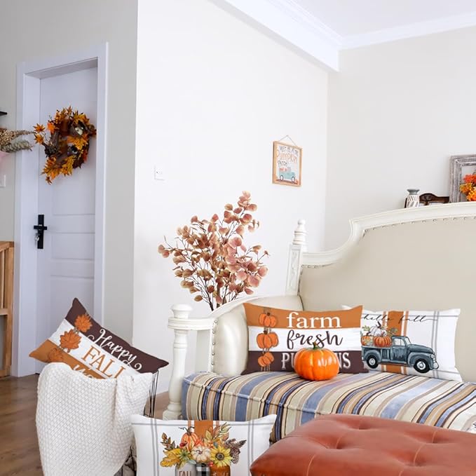 GEEORY Fall Pillow Covers 12 x 20 Inch Set of 4, Happy Fall Y'all Stripes Pumpkins Mason Jar Thankful Decor, Cushion Cases for Farmhouse Home Party Sofa Couch (Brown) G355-12