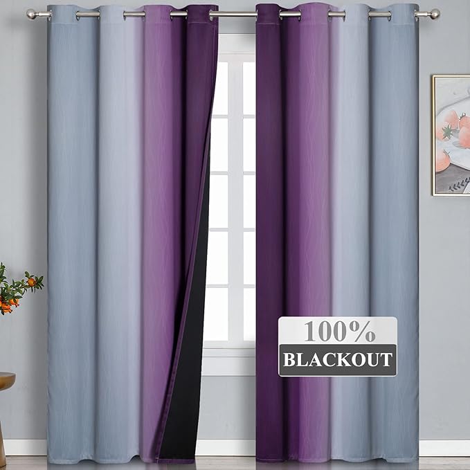 Estelar Textiler Purple and Grey Ombre Blackout Curtains 102 Inches Long for Bedroom, Thermal Insulated Full Room Darkening Grommet Gradient Drapes for Living Room, 52Wx102L, 2 Panels