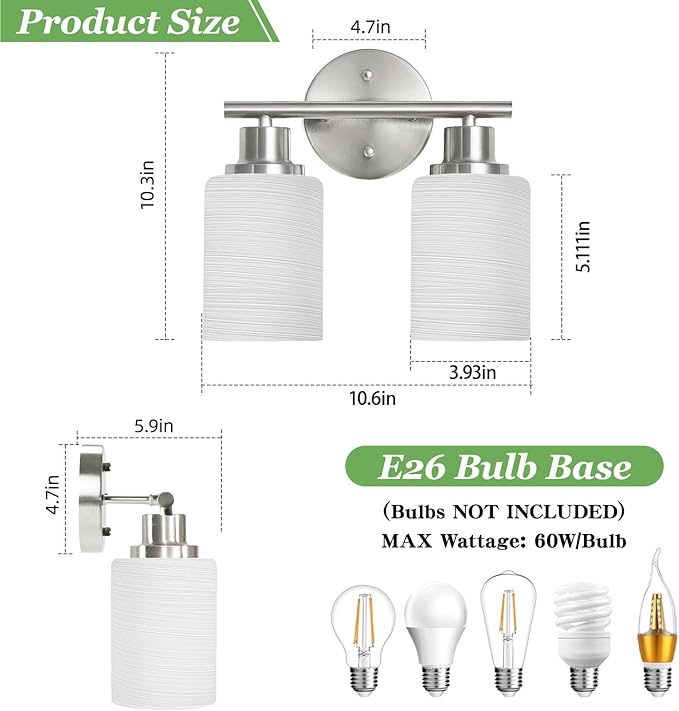 2-Light Vanity Lights, Brushed Nickel Bathroom Light Fixture with Striped Textured Milky White Glass Shade, E26 Modern Vanity Lighting Fixture for Bathroom Wall Sconce Light Over Mirror