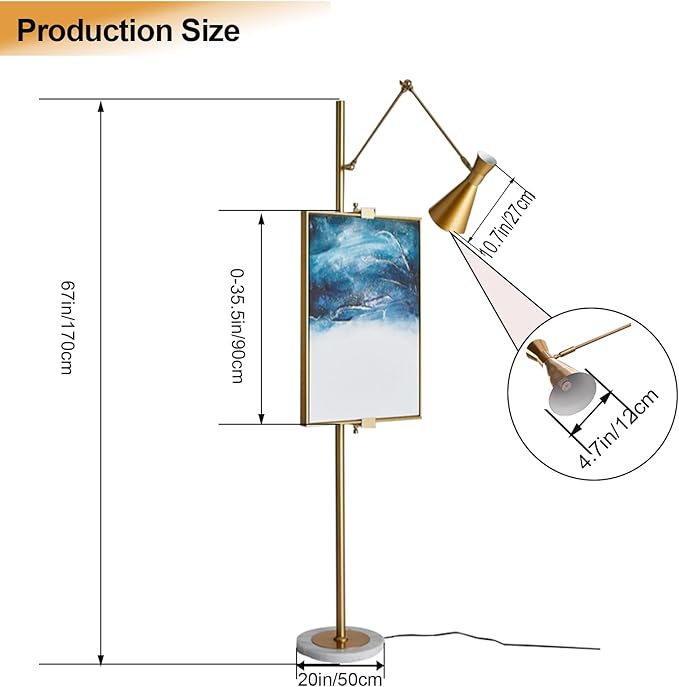 Metal Floor Lamp with Easel, Adjustable 360° Swing-Arm Standing Lamps, 67in Tall Lamp with Marble Base for Living Room, Painting Rooms, Bedroom, Offices, Courtyards, Gold