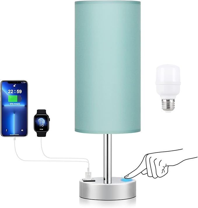 Teal Touch Bedside Lamps for Bedroom - Small Coastal Nightstand Lamp with USB-C and USB A Charging Ports, 3 Way Dimmable Control Table Lamp for Office, Dorm with Fabric Shade Silver Base