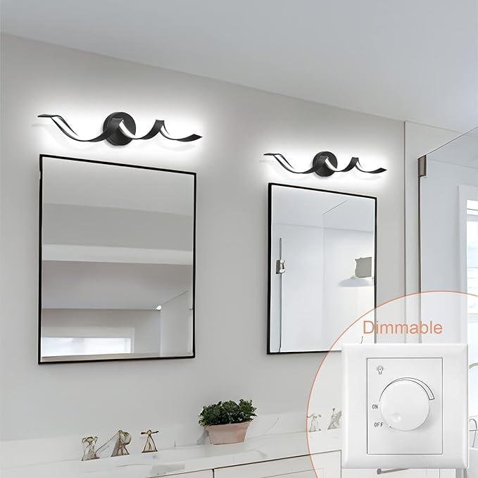 Modern LED Bathroom Vanity Lights, 24inch Dimmable Black Bathroom Lighting Fixture Over Mirror 15W Spiral Design LED Wall Light Fixtures 6000K