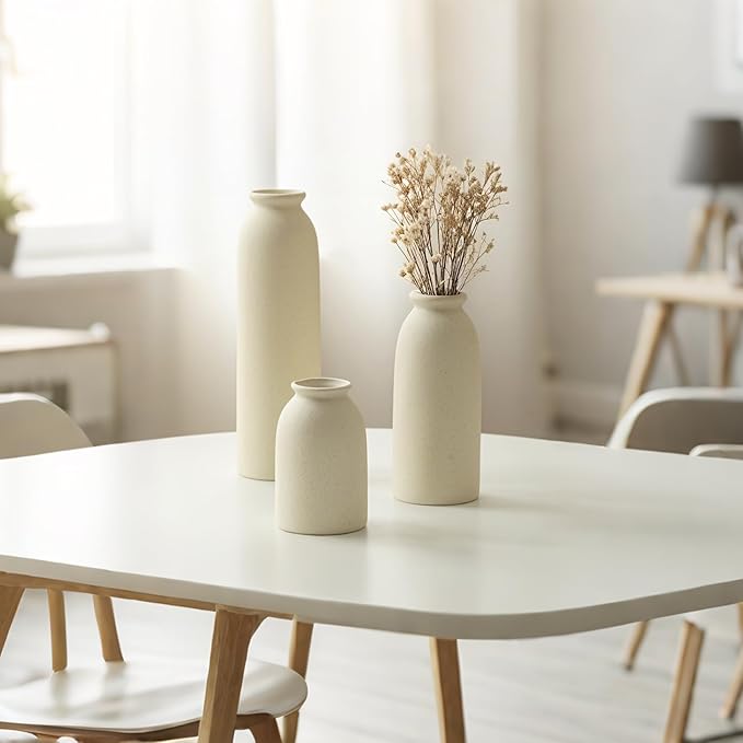 10.4 inches Tall Decorative Ceramic Vase Set, 3 Pieces, Nordic Modern Boho Style, White, for Home Decor (Beige)
