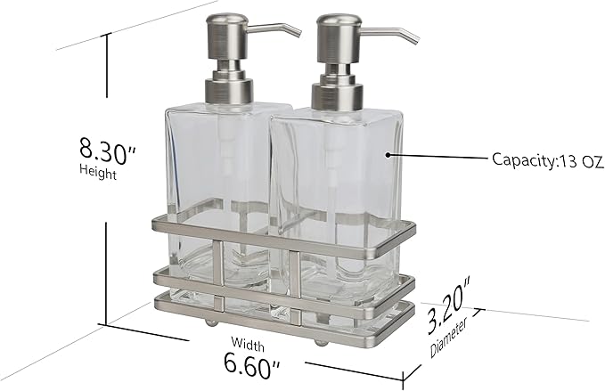 Square Glass Clear Lotion and Soap Pump Dispenser Set with Metal Stand Caddy for Bathroom Bath Kitchen Home Office Travel Hotel Hand Crafted Heavy Weight Nickel