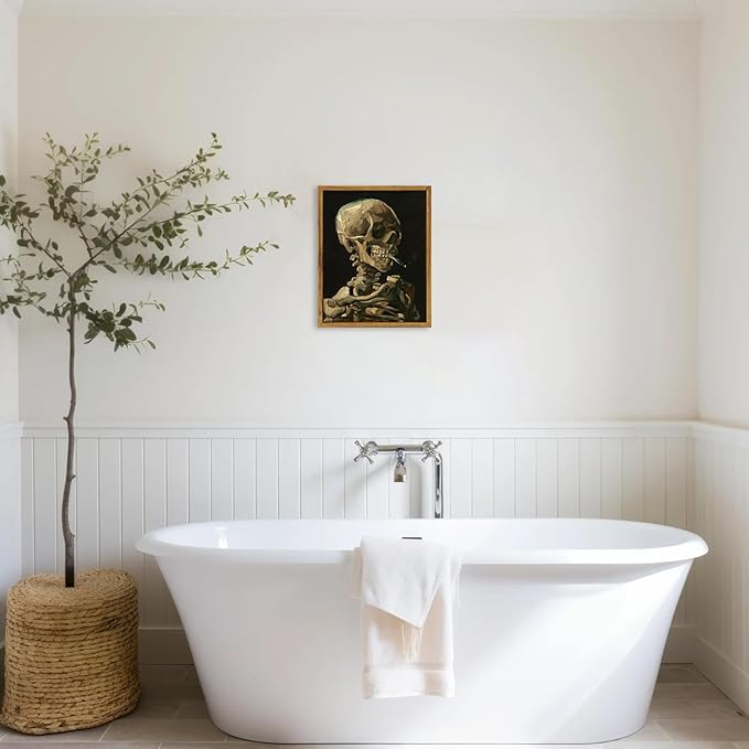 KBKBART Framed Canvas Wall Art Skull of a Skeleton with Burning Cigarette Van Gogh Art Print, Dark Academia Wall Decor Gothic Wall Art for Halloween, Living Room, Bedroom, Office, Bathroom, Gothic