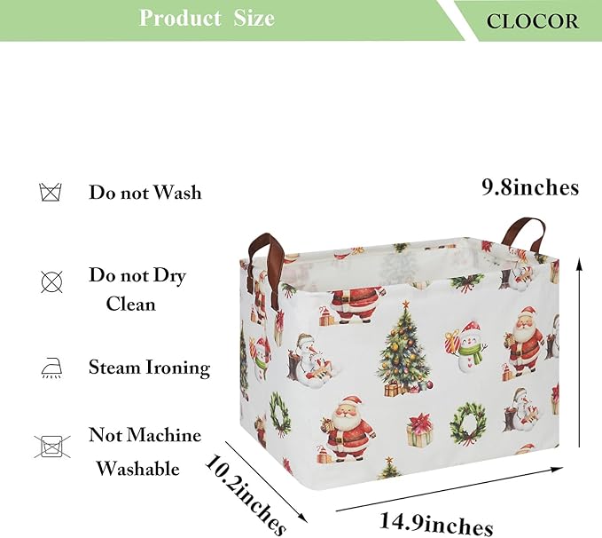 CLOCOR Collapsible Fabric Storage Container, Waterproof Toy Bin with Handles, Gift Basket (Watercolor Christmas)
