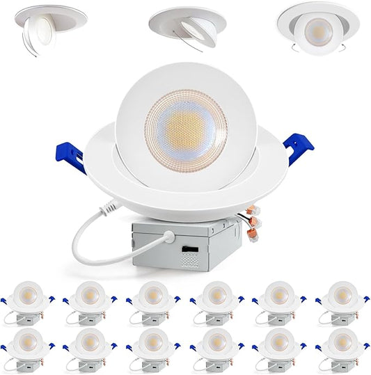 Adetu Recessed Lighting 6 inch, 360°+90° Adjustable Directional 6 inch Gimbal Led Recessed Light, 2700K-5000K 5CCT Dimmable Retrofit Eyeball Can Recessed Lights with Jbox, ET (White-12 Pack)