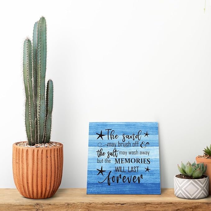 Beach Wood Sign, The Sand may Brush Off the Salt may Wash Away but the Memories will Last Forever, Wood Plaque Table Art Sign, Ocean Theme Decorations for Home, Seaside House Decor, Beach Family Sign C