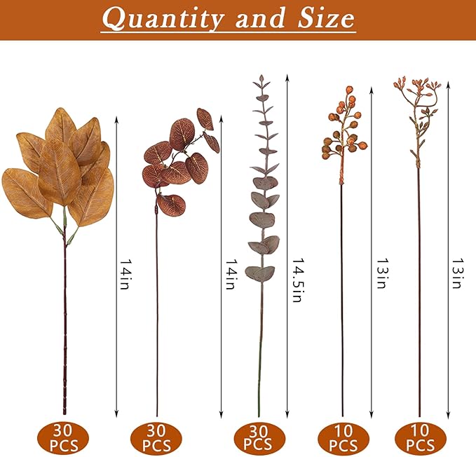 YXZZWL 110 Pcs 5 Kinds Mixed Artificial Eucalyptus Stems and Faux Berry,Autumn Fake Eucalyptus Leaves Stems Bulk Branches for DIY Bouquets Floral Arrangement Wedding Home Fall Decorations (Orange)
