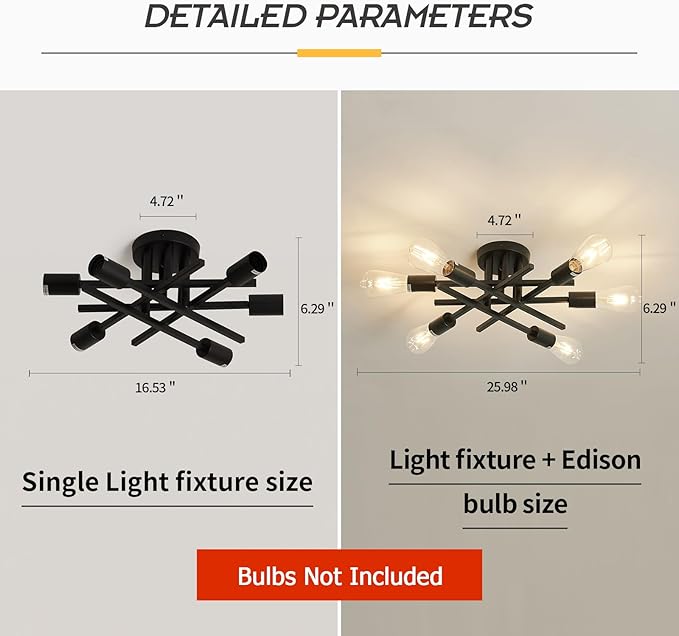 ASGYISA 6-Lights Semi Flush Mount Ceiling Light Fixture 2-Pack Black Vintage Matte Sputnik Chandelier Ceiling Lamp for Farmhouse Dining Room Living Room Bedroom Kitchen Entryway