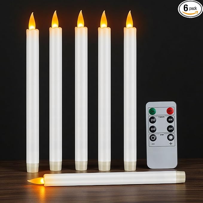 10" Flameless Taper Candles with Remote, Electric Led Candlesticks, Plastic Tall Taper Candles Battery Operated with Flickering Flame for Halloween Christmas Wedding Home Décor (White, 6 Pack)