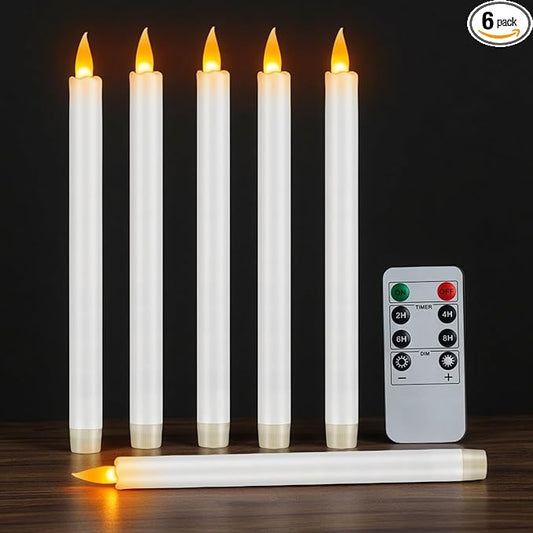 10" Flameless Taper Candles with Remote, Electric Led Candlesticks, Plastic Tall Taper Candles Battery Operated with Flickering Flame for Halloween Christmas Wedding Home Décor (White, 6 Pack)