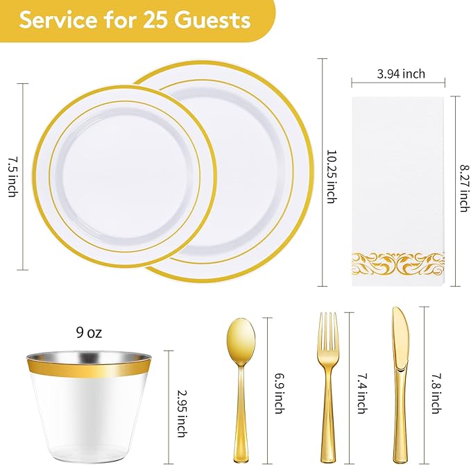 Goodluck 175 Piece Gold Dinnerware Set for 25 Guests, Plastic Plates Disposable for Party, Include: 25 Gold Rim Dinner Plates, 25 Dessert Plates, 25 Paper Napkins, 25 Cups, 25 Gold Silverware Set