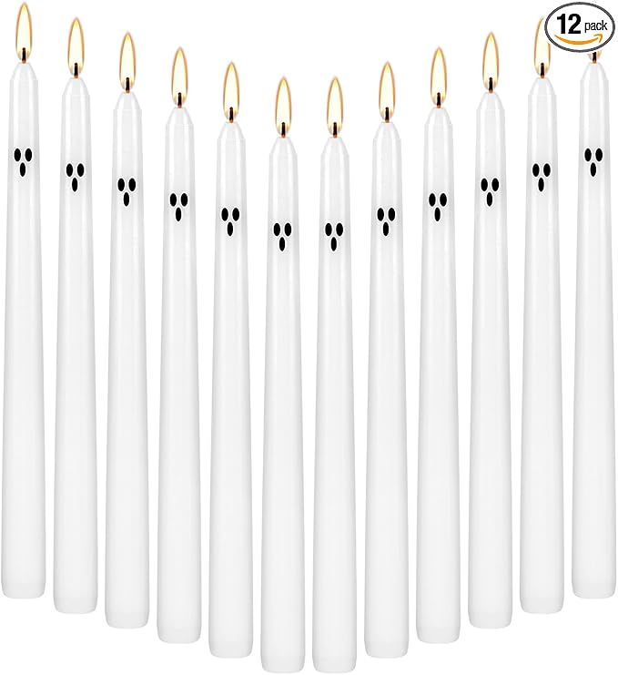 12 Pack Halloween Taper Candles - 10 Inch White Ghost Face Smokeless Candles, Long-Lasting 7+ Hour Burn, Premium Wax for Spooky Decor & Parties
