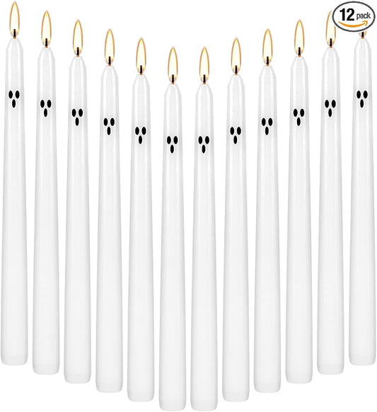 12 Pack Halloween Taper Candles - 10 Inch White Ghost Face Smokeless Candles, Long-Lasting 7+ Hour Burn, Premium Wax for Spooky Decor & Parties