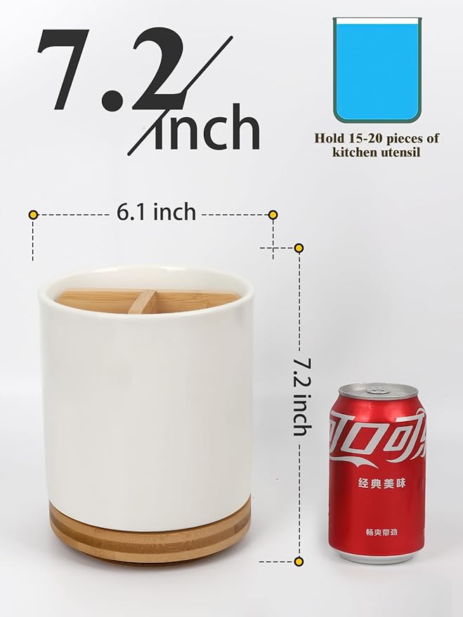 LoeJan 3 Compartment Utensil Holder, Extra Large Utensil Crock, Stable Ceramic Utensil Organizer, Cooking Tool Organizer Set for Kitchen Counter Farmhouse Decor (C-White(Grossy))