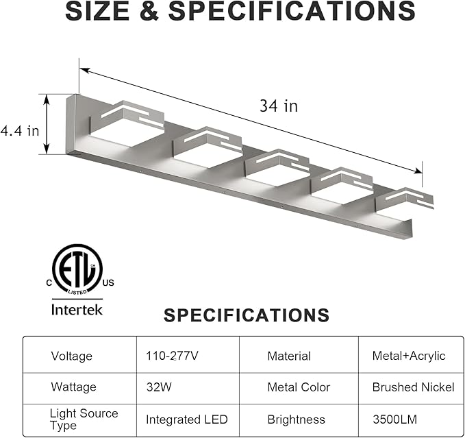 LED Modern Bathroom Vanity Light Fixtures, 5-Light 34-inch Dimmable Brushed Nickel Vanity Lights for Bathroom Lighting Fixtures Over Mirror, with 350° Rotatable Acrylic Heads (Cool White 6000K)