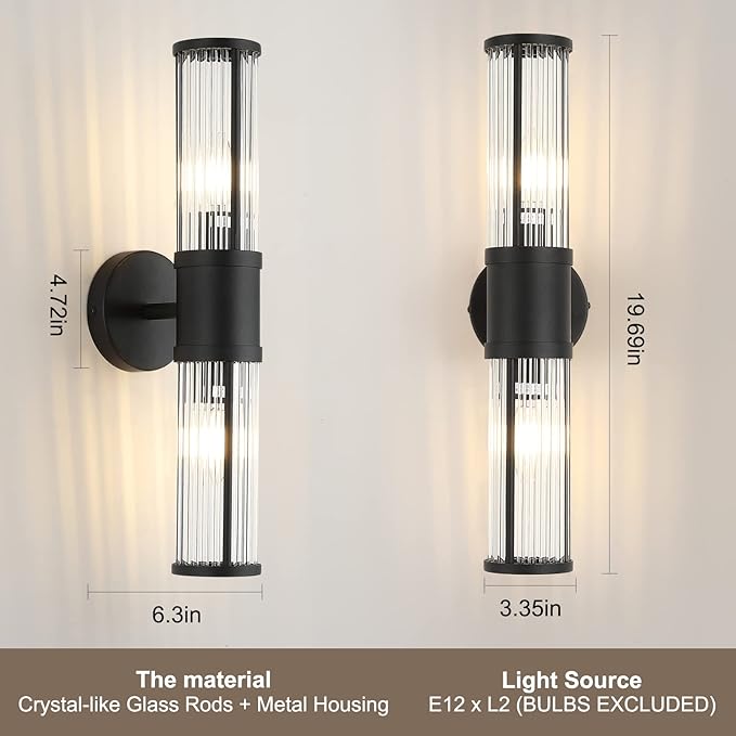 Bathroom Light Fixtures 2-Light Matte Black Bathroom Vanity Light Modern Wall Lights for Bedroom Bath Mirror Lights with Glass Rods Shades for Mirror Bedroom Hallway