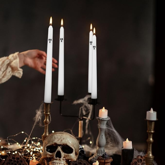 12 Pack Halloween Taper Candles - 10 Inch White Ghost Face Smokeless Candles, Long-Lasting 7+ Hour Burn, Premium Wax for Spooky Decor & Parties