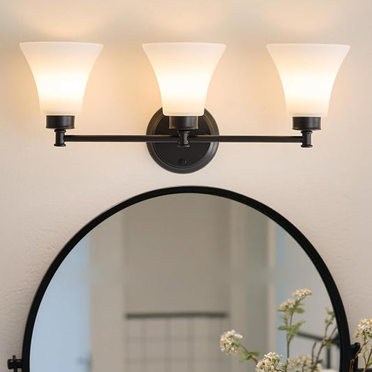 LOUSACE 3 Light Bathroom Vanity Light Matte Black Bathroom Lighting Fixtures Over Mirror with Opal White Frosted Glass, Vintage Traditional Wall Lighting Fixture Vanity Sconces Light for Bedroom