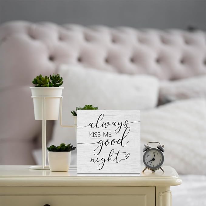 Good Night Bedroom Quote Home Decor Accessories Rustic Wooden Box Sign Desk Decor for Family Couple Couples Table Shelf Wall Living Room Home Bedroom Farmhouse Wood Block Plaque Box Sign