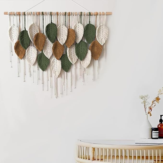 VEKALON Macrame Wall Art Tapestry - Large Boho Chic Woven Wall Hanging Decor for Bedroom, Modern Bohemian Leaf-Shaped Decorations for Office, Living Room, Bathroom(Forest Emerald)