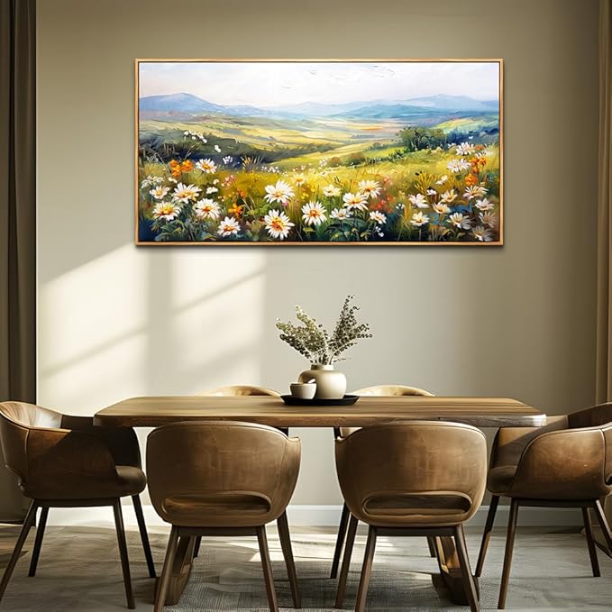 ZUITINGHUA Large Wood Framed Wall Decor For Living Room Canvas Wall Art For Office Modern Wall Decorations For Bedroom Pastoral Scenery Painting Flower Pictures Artwork Room Home Decor 24x48 In