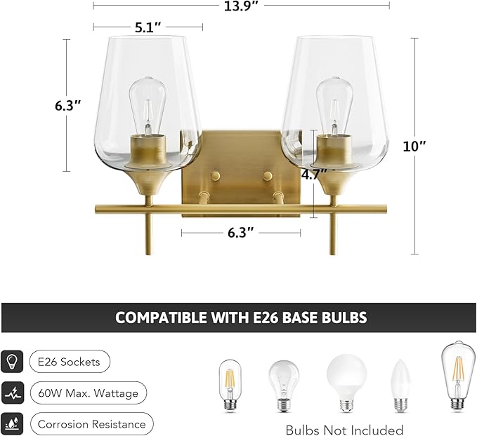 VONLUCE Bathroom Vanity Light, 2 Light Bathroom Light Fixture Over Mirror, Bathroom Wall Lamp with Clear Glass, Modern Gold Vanity Lighting fixtures for Bathroom, Bedroom, Hallway