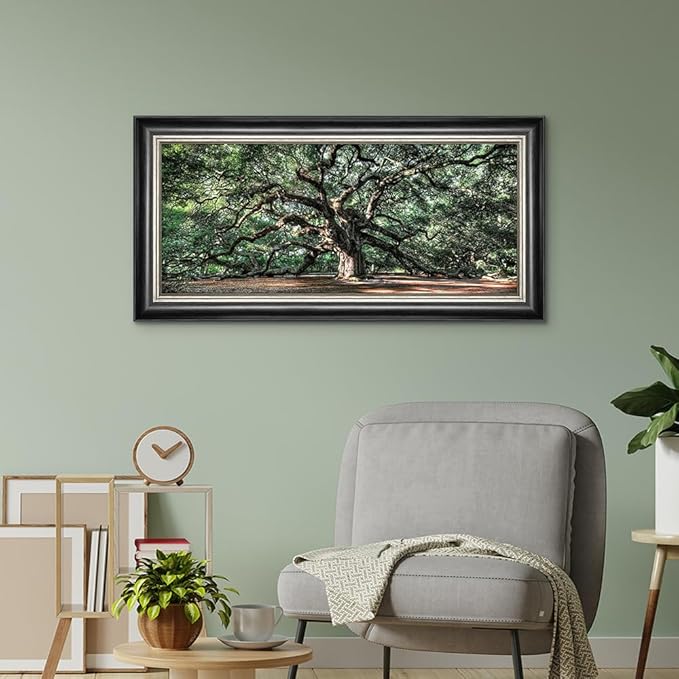 Framed Forest Canvas Wall Art: Nature Green Tree Painting Sunlight Plants Scenery Prints for Living Room