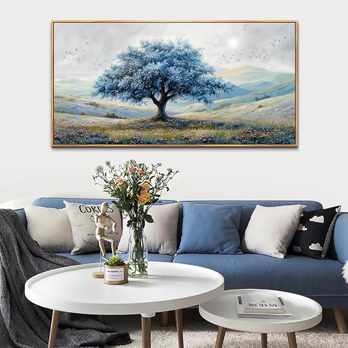 ZUITINGHUA Wood Framed Canvas Wall Art For Living Room Large Wall Decor For Office Bedroom Decorations Blue Tree Landscape Pictures Farmhouse Paintings Artwork Wall Mural Modern Home Decor 30x60 In