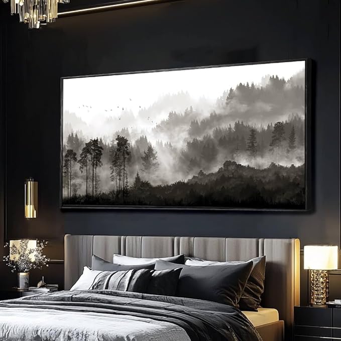 Large Wall Art Framed Mountains Canvas Wall Art Black And White Wall Decorations Bedroom Wall Decor Forest Pictures Artwork for Living Room Dining Room 29”x58”