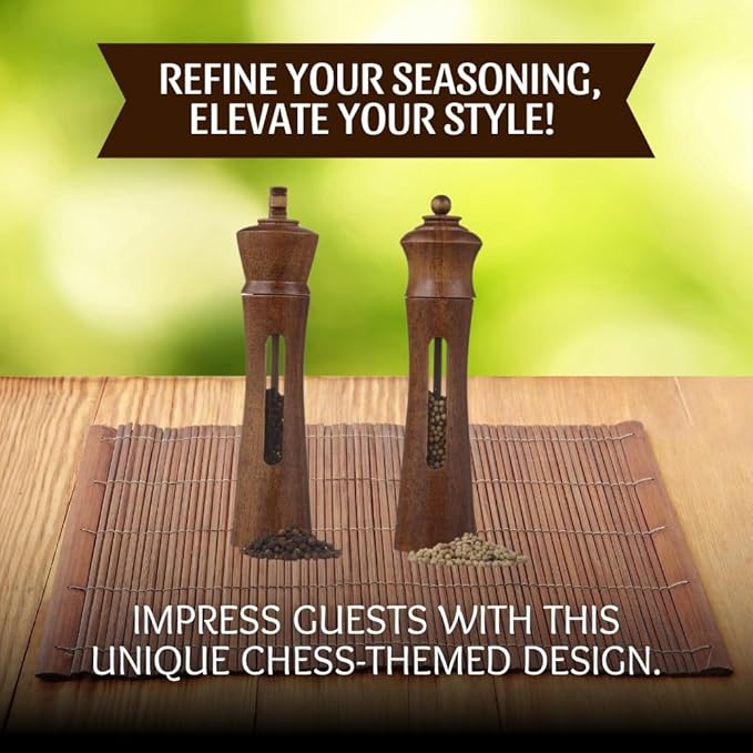 King & Queen Chess Piece Salt and Pepper Grinder, Set of 2 Manual Salt and Pepper Mill, Refillable Black Pepper Grinder, Kitchen Decor, Essential Kitchen Gift for Chess Enthusiasts (9 Inch)