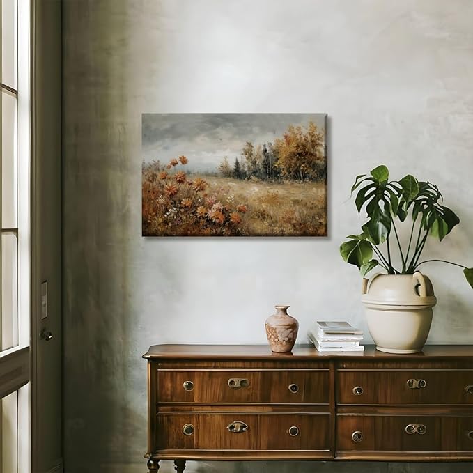 Fall Canvas Wall Art Wildflower Posters Autumn Landscape Pictures Print Art Vintage Rustic Farmhouse Wall Decor 8x12inch Framed