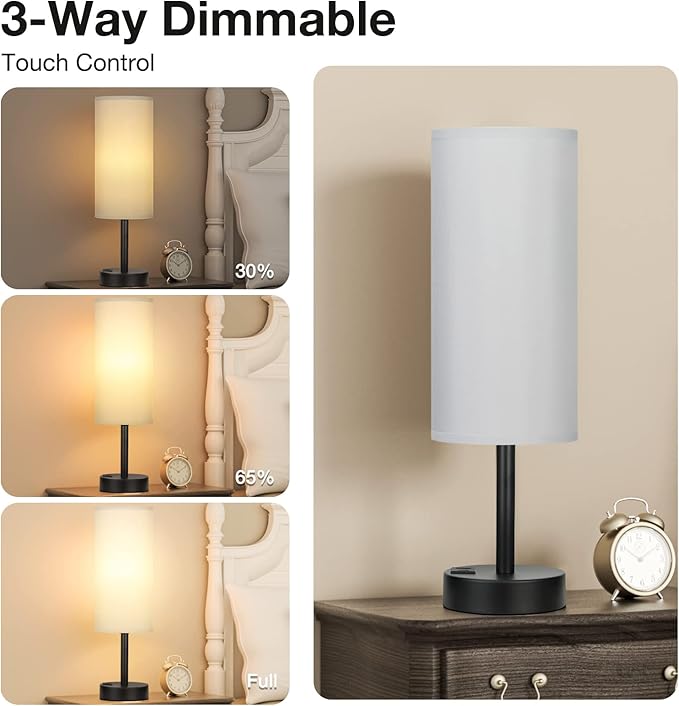 Grey Touch Nightstand Lamps for Girl - Small Bedside Lamp with USB-C and USB Charging Ports, 3 Way Dimmable Control Table Lamp for Living Room Office, Dorm, Reading with Fabric Shade Black Base